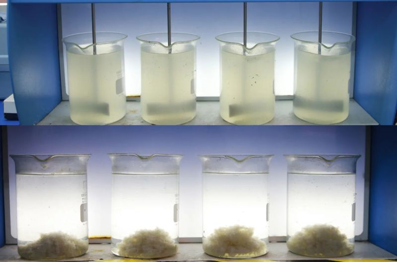 Laboratory jars used to compare polymer flocculation
